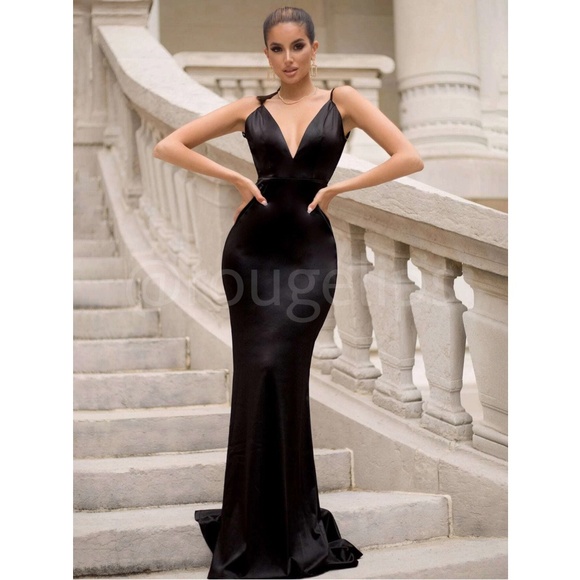 Black Deep V Neck Backless Ruched Long Slip Sheath Dress Evening Gown Prom - Picture 6 of 16